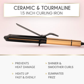 ELLA BELLA curling iron beside a hand for scale, shows compact size and portability