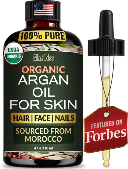 Ella & Eden glass bottle front view showing pure argan oil and label benefits