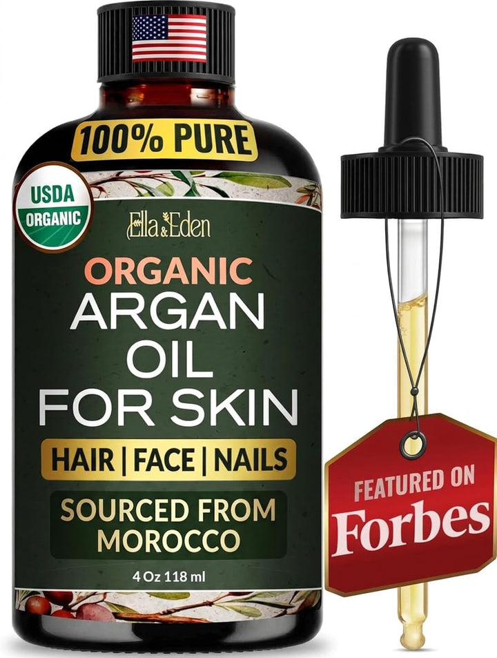 Ella & Eden glass bottle front view showing pure argan oil and label benefits