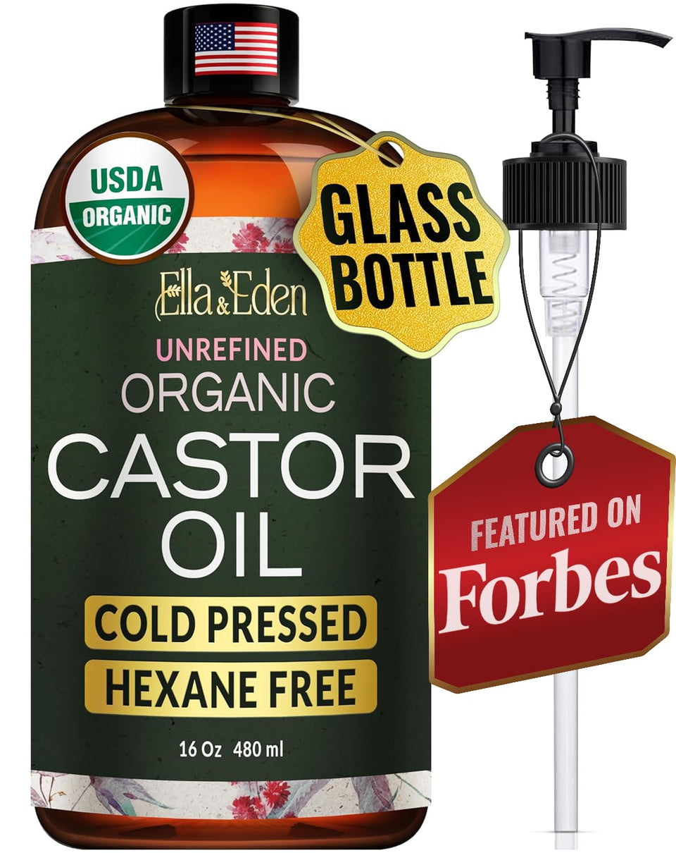 Ella & Eden front glass bottle showing organic label and pump benefit