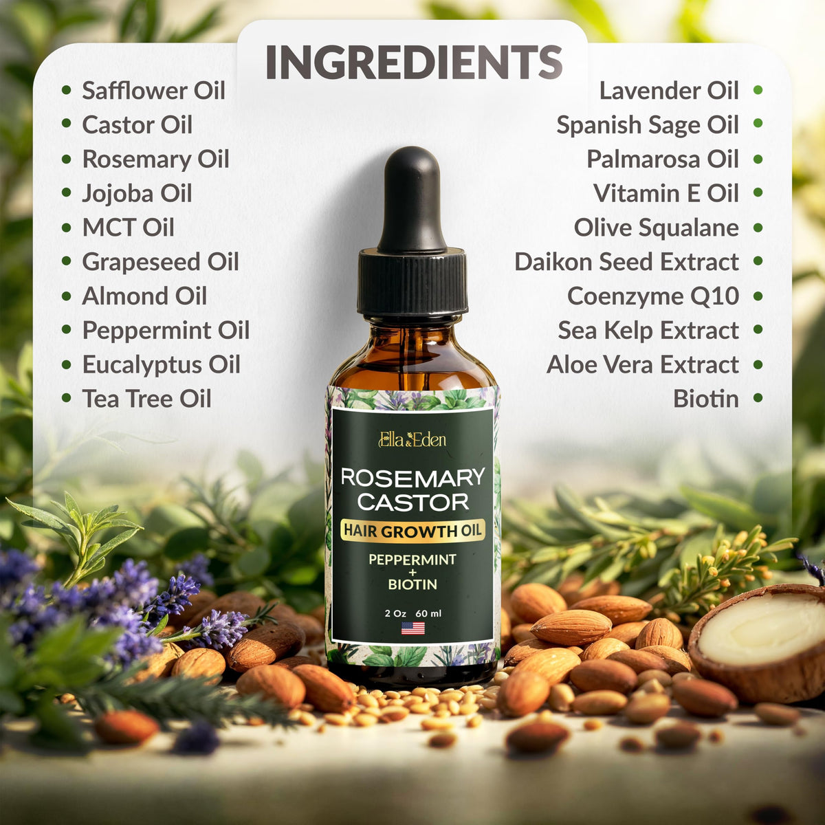 Ella & Eden ingredients arrangement with rosemary castor peppermint for nourishment