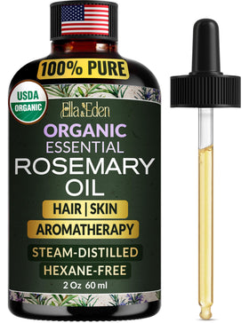 Ella & Eden front bottle view showing organic rosemary oil and glass dropper benefit: clear dosing