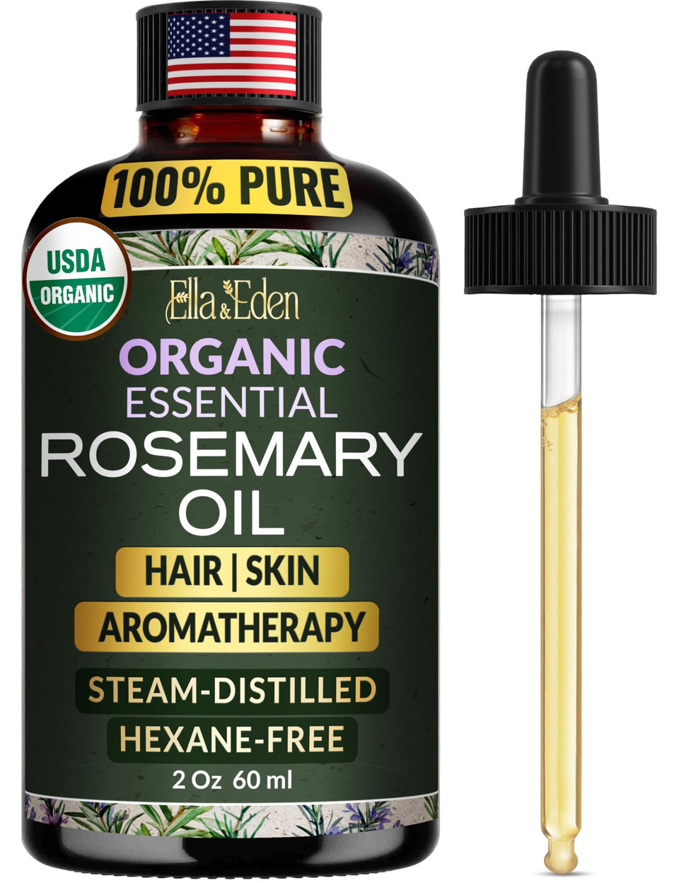 Ella & Eden front bottle view showing organic rosemary oil and glass dropper benefit: clear dosing