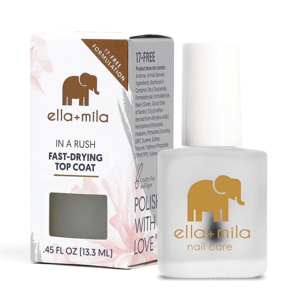 ella+mila bottle front view showing clear glossy top coat for fast protection