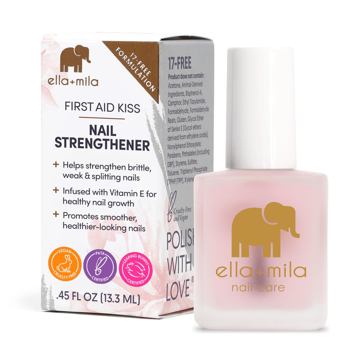 ella+mila bottle front view shows clear nail strengthener and clean finish