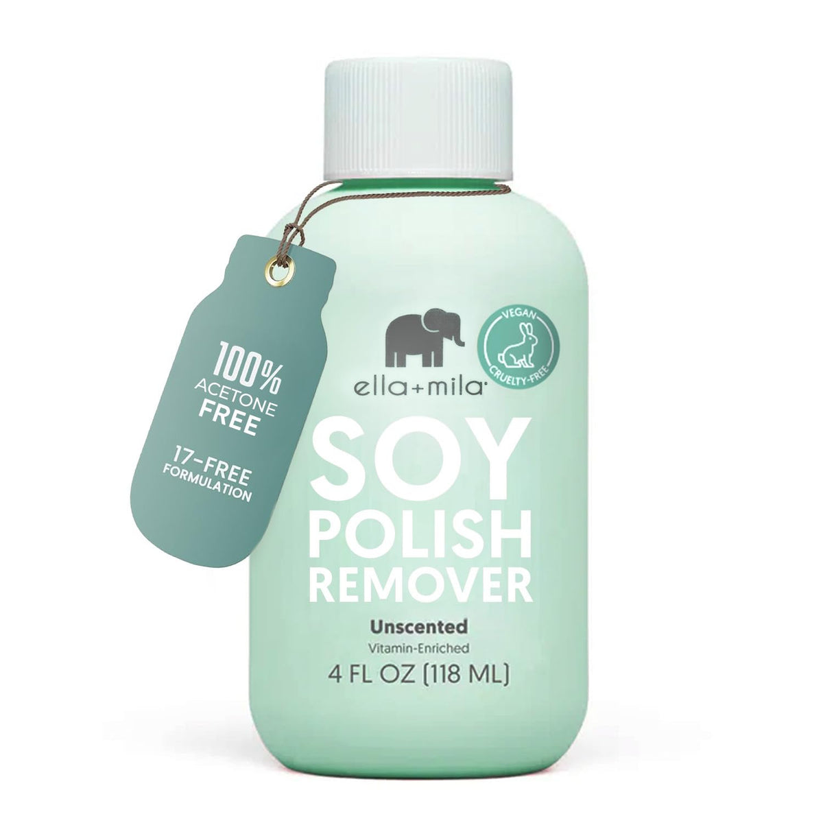 ella+mila front bottle showing 4 fl oz and product benefit of gentle removal