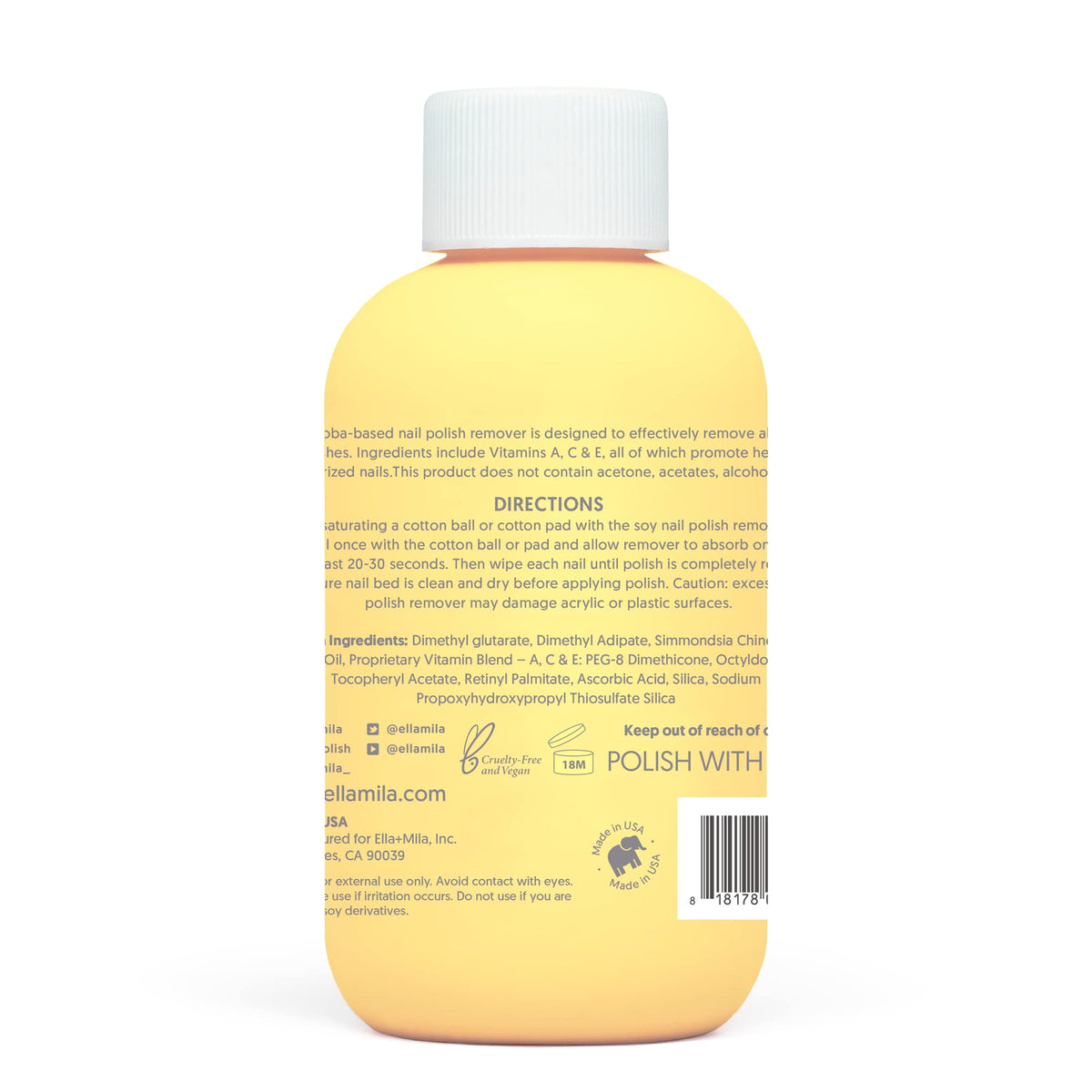 ella+mila close-up of ingredients label highlighting jojoba oil and vitamins A C E