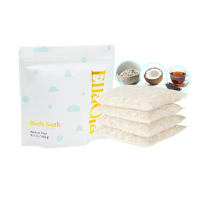 ELLAOLA front packaging showing four fragrance-free bath tea sachets and benefits