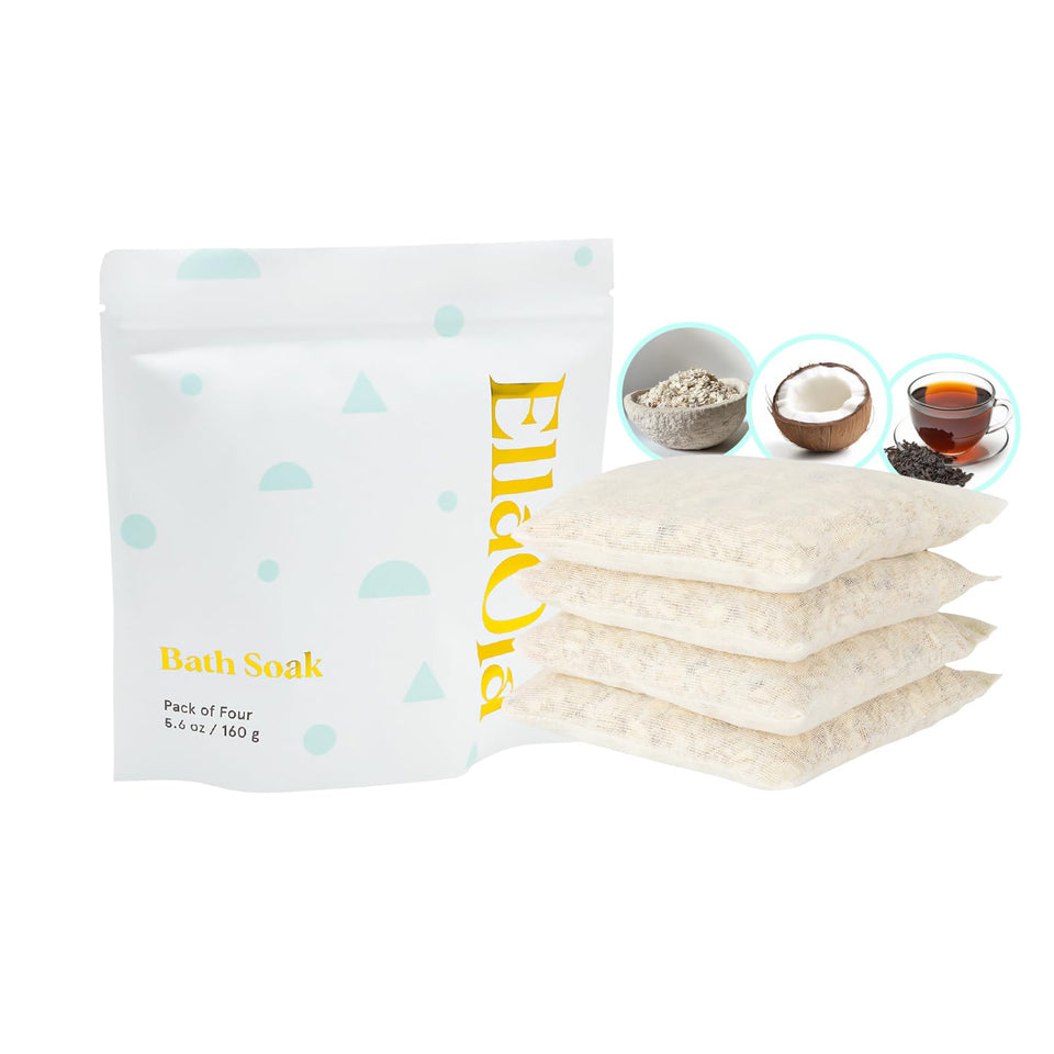 ELLAOLA front packaging showing four fragrance-free bath tea sachets and benefits