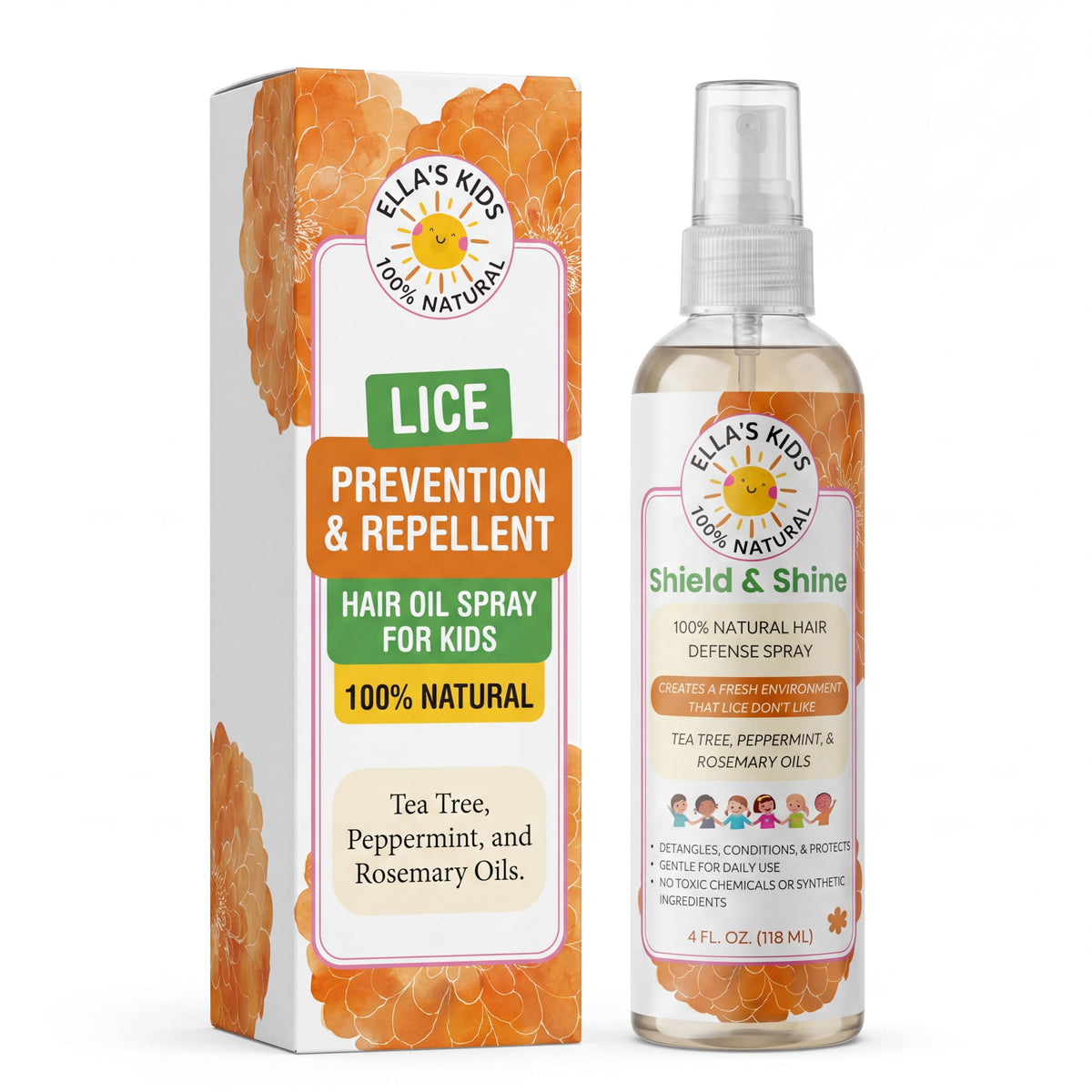 Ella’s Kids front packaging showing gentle lice-repellent and detangling benefit
