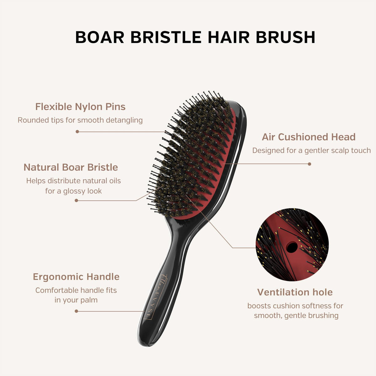 Ellen Evyse close-up of boar bristles and nylon pins enhancing shine and detangling
