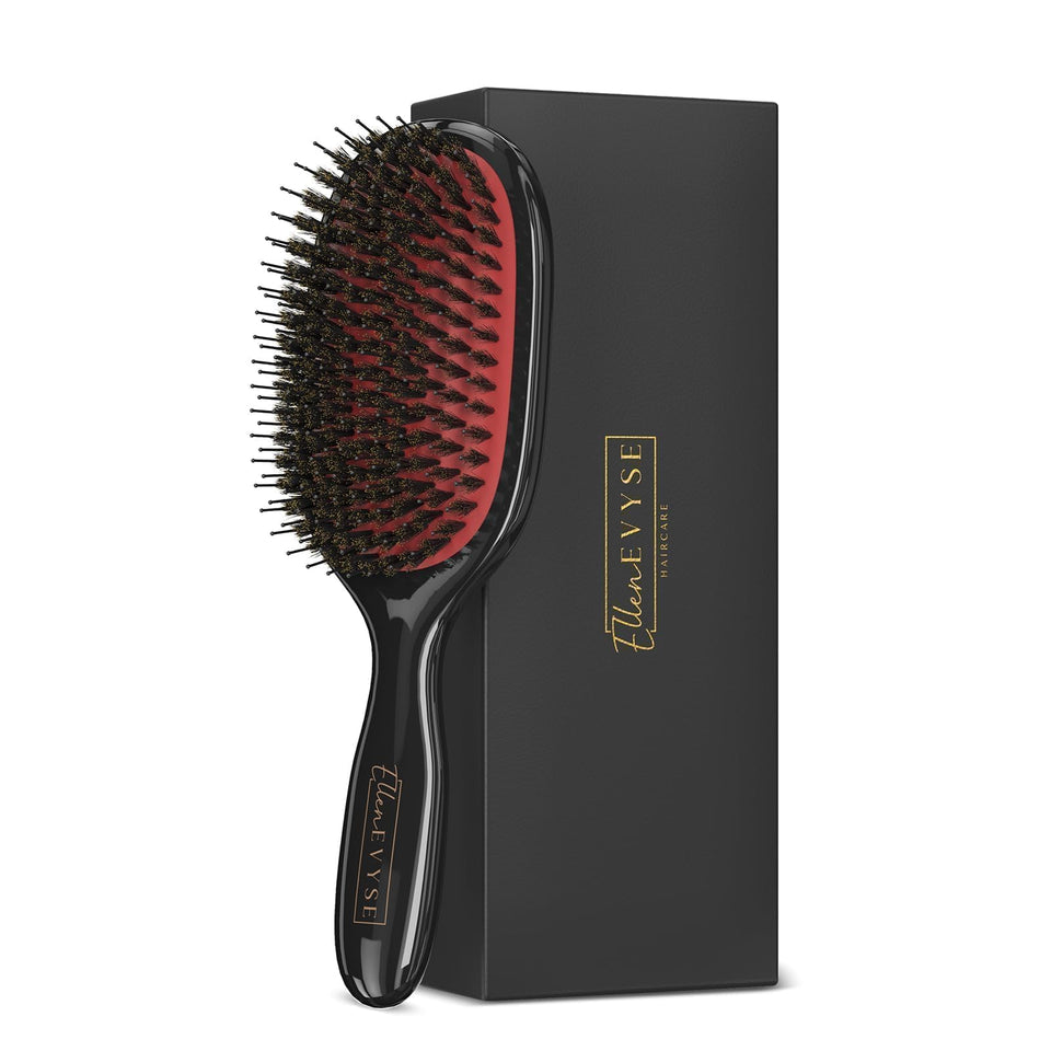Ellen Evyse brush front view showing paddle shape and mixed bristles for smooth styling
