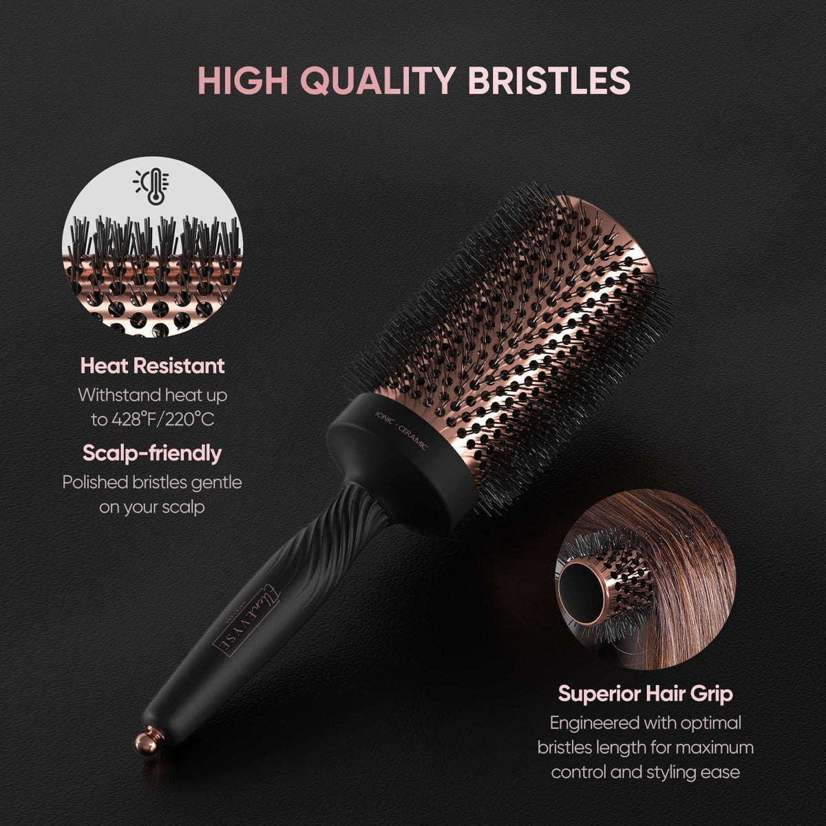 Ellen Evyse brush held in hand demonstrating ergonomic non-slip grip for comfortable styling