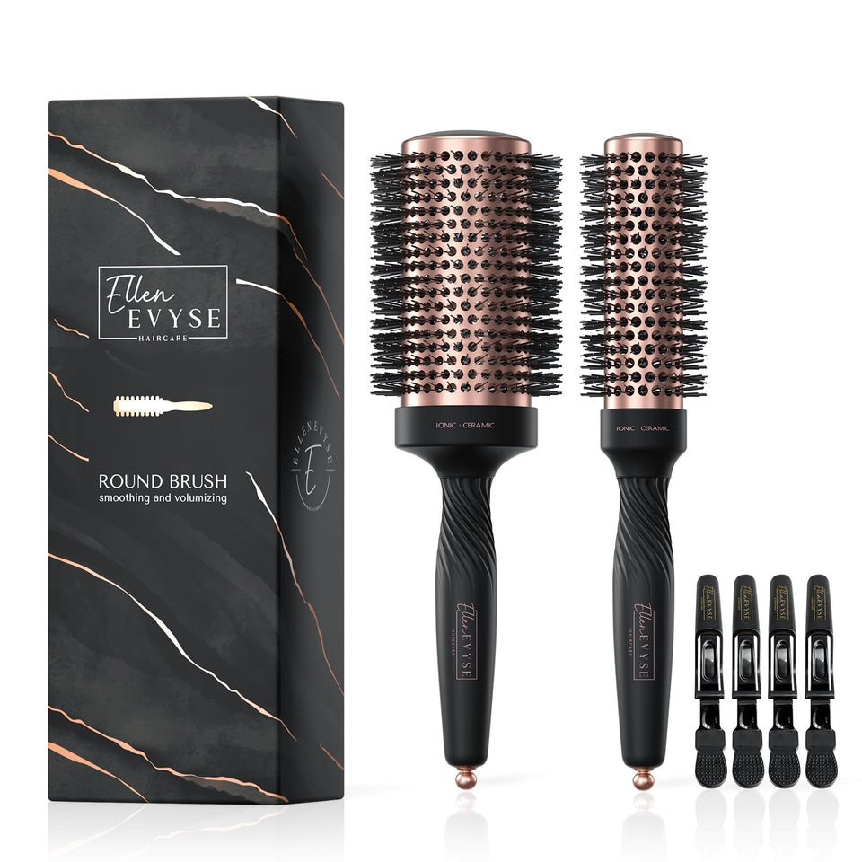 Ellen Evyse front view of brush set showing gold finish and included clips for polished styling