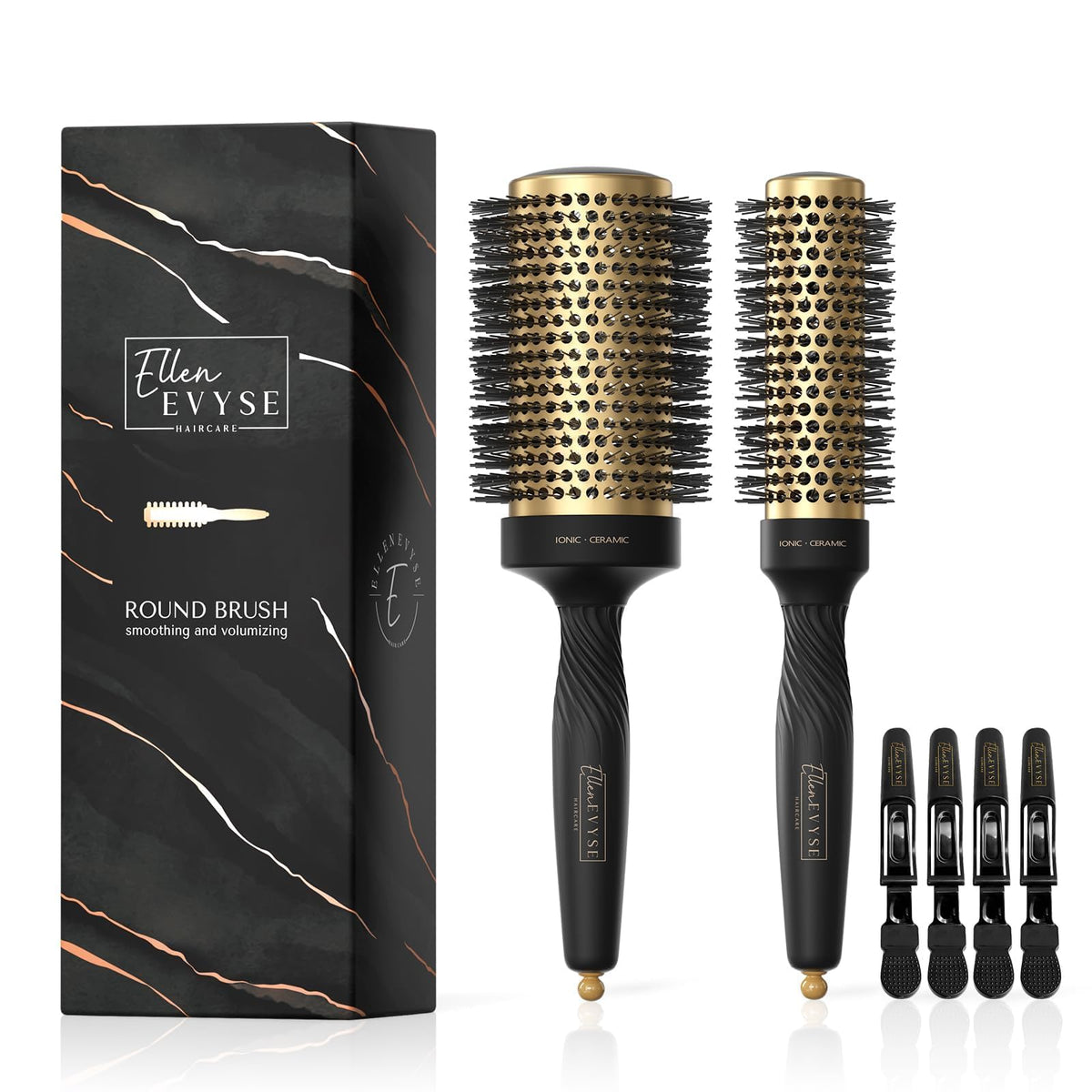 Ellen Evyse front view of round brush kit showing dual-size barrel and clips for faster drying