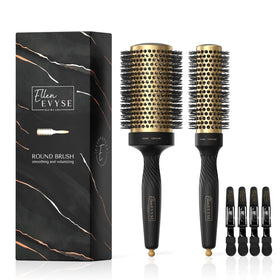 Ellen Evyse front view of round brush kit showing dual-size barrel and clips for faster drying