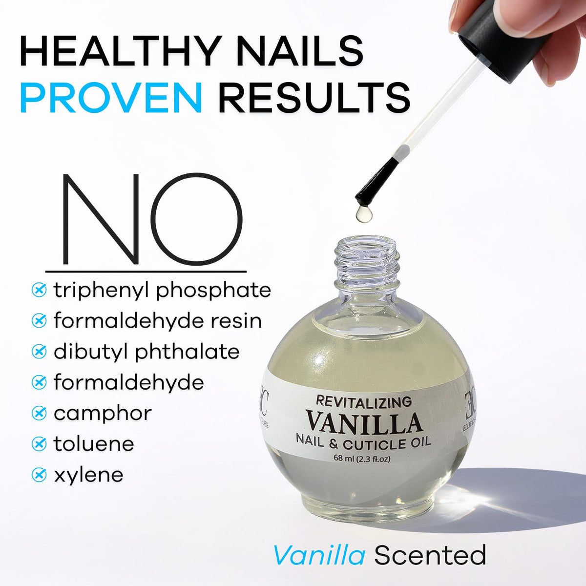 Ellie Chase clear oil on polished nail illustrating non-greasy shine benefit