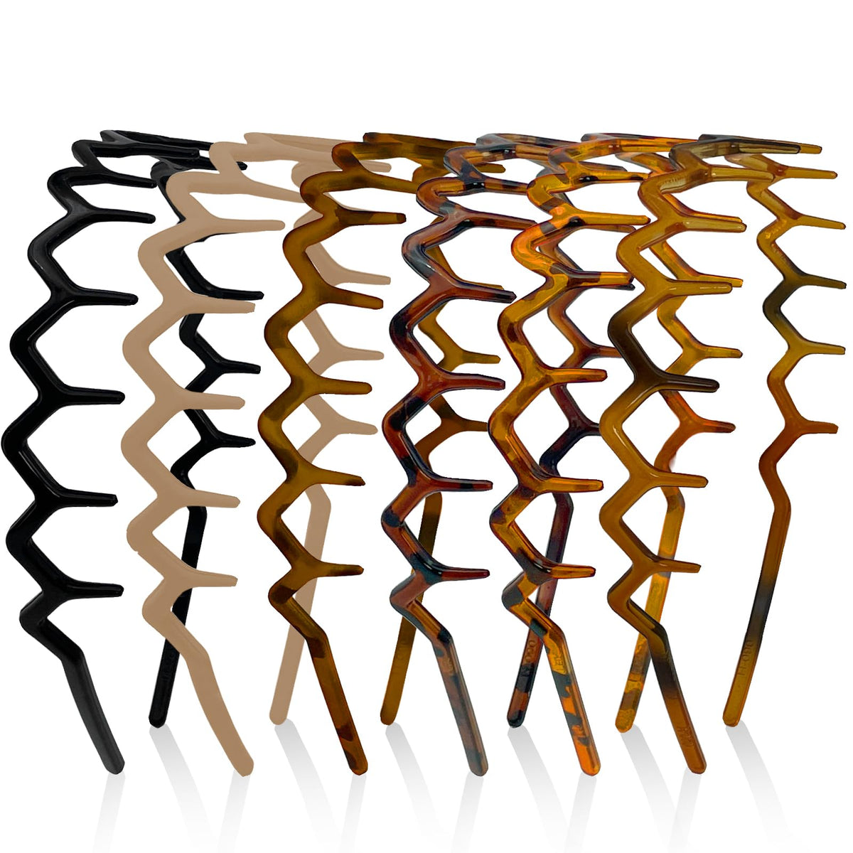 ELLOPH front view of six-pack headbands showing neutral tones and tortoiseshell benefit tidy styling