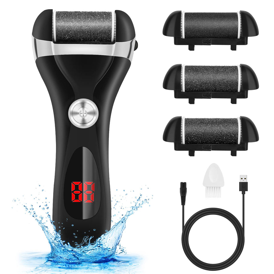 Elmchee front view of electric foot file showing sleek case and buttons, clear battery readout for convenience