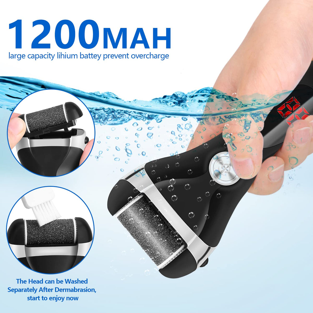 Elmchee non-slip handle and LED battery display close-up offering secure grip and visible charge level