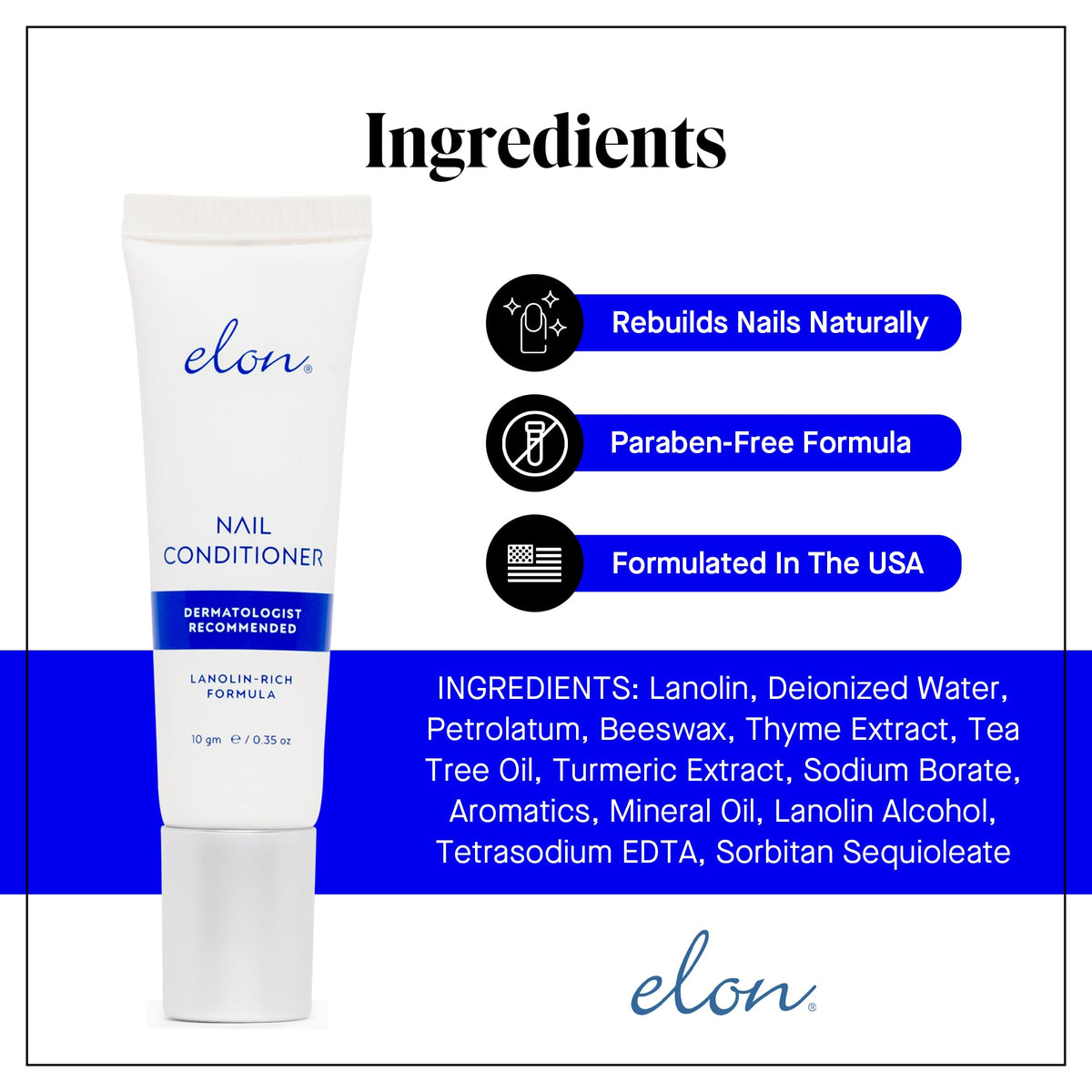 Elon ingredient display with beeswax and lanolin to emphasize nourishing components