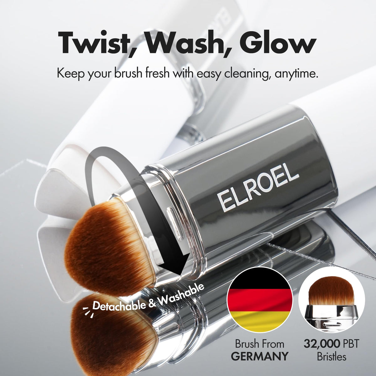 ELROEL hand holding dual-ended stick illustrating compact size for travel
