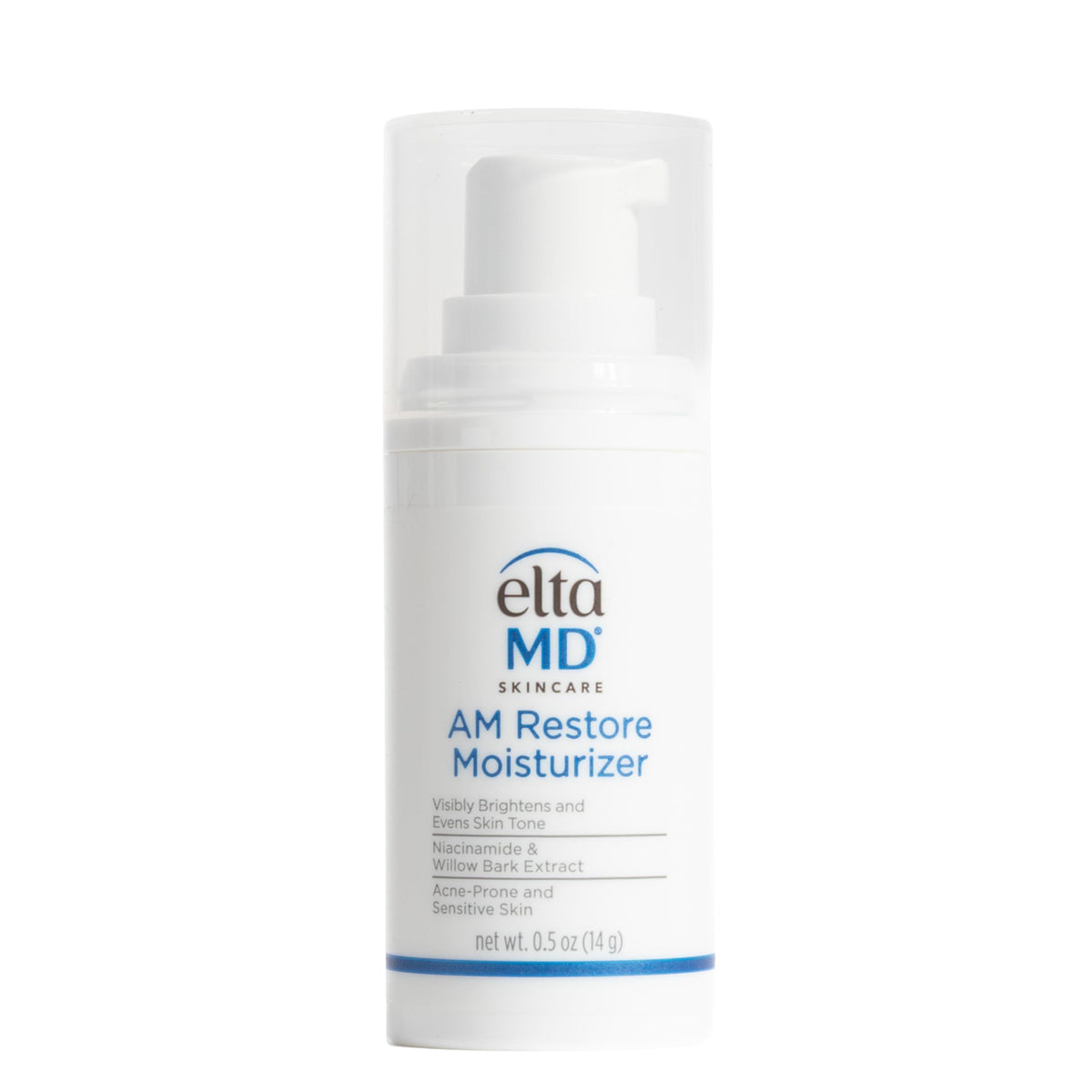 EltaMD AM Restore front pump bottle showing compact travel-friendly design and hydration benefit