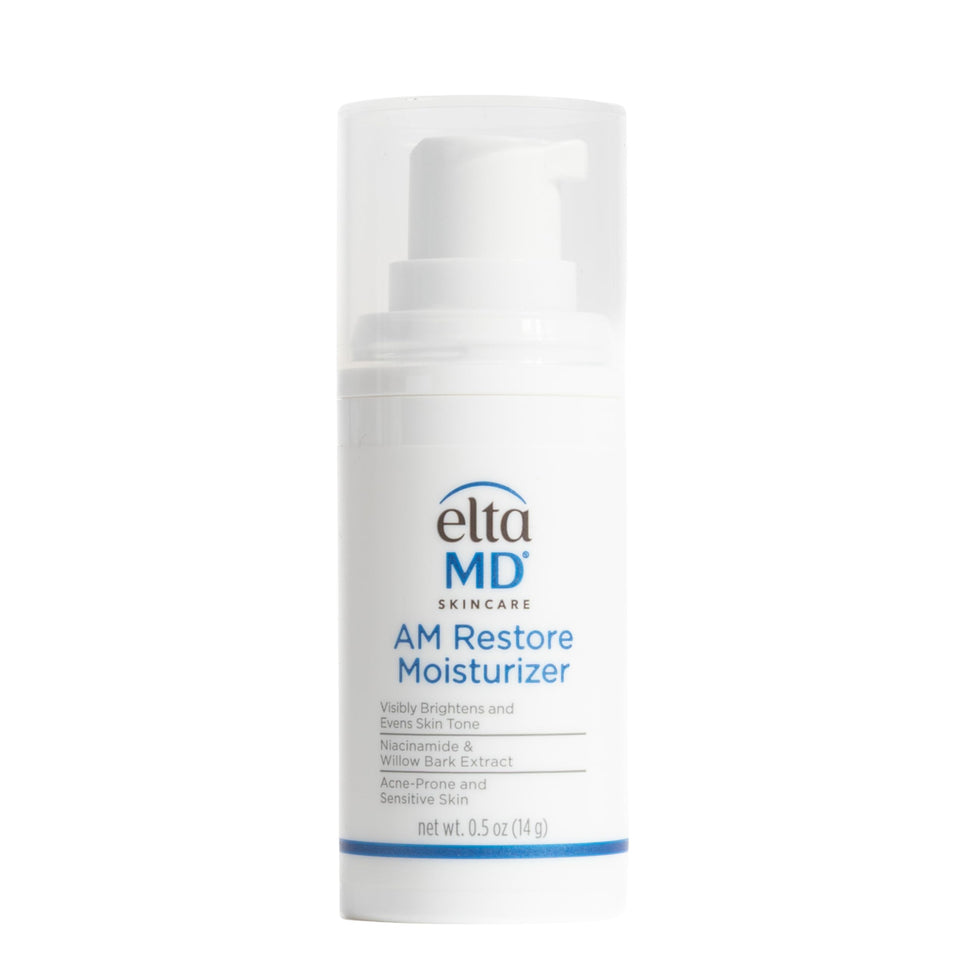EltaMD AM Restore front pump bottle showing compact travel-friendly design and hydration benefit