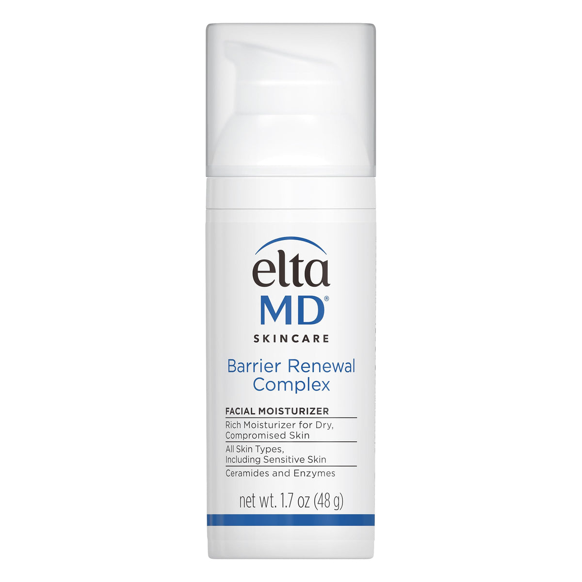 EltaMD front pump bottle showing product packaging and easy dispensing benefit