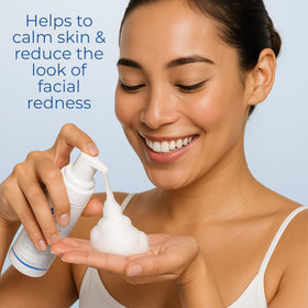EltaMD foaming cleanser applied to face illustrating gentle makeup and sunscreen removal