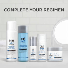 EltaMD bottle on bathroom counter in nighttime routine promoting soothing use benefit