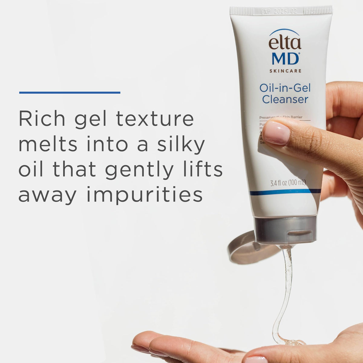 EltaMD gel converting to oil in hand demonstrating makeup-melting action benefit