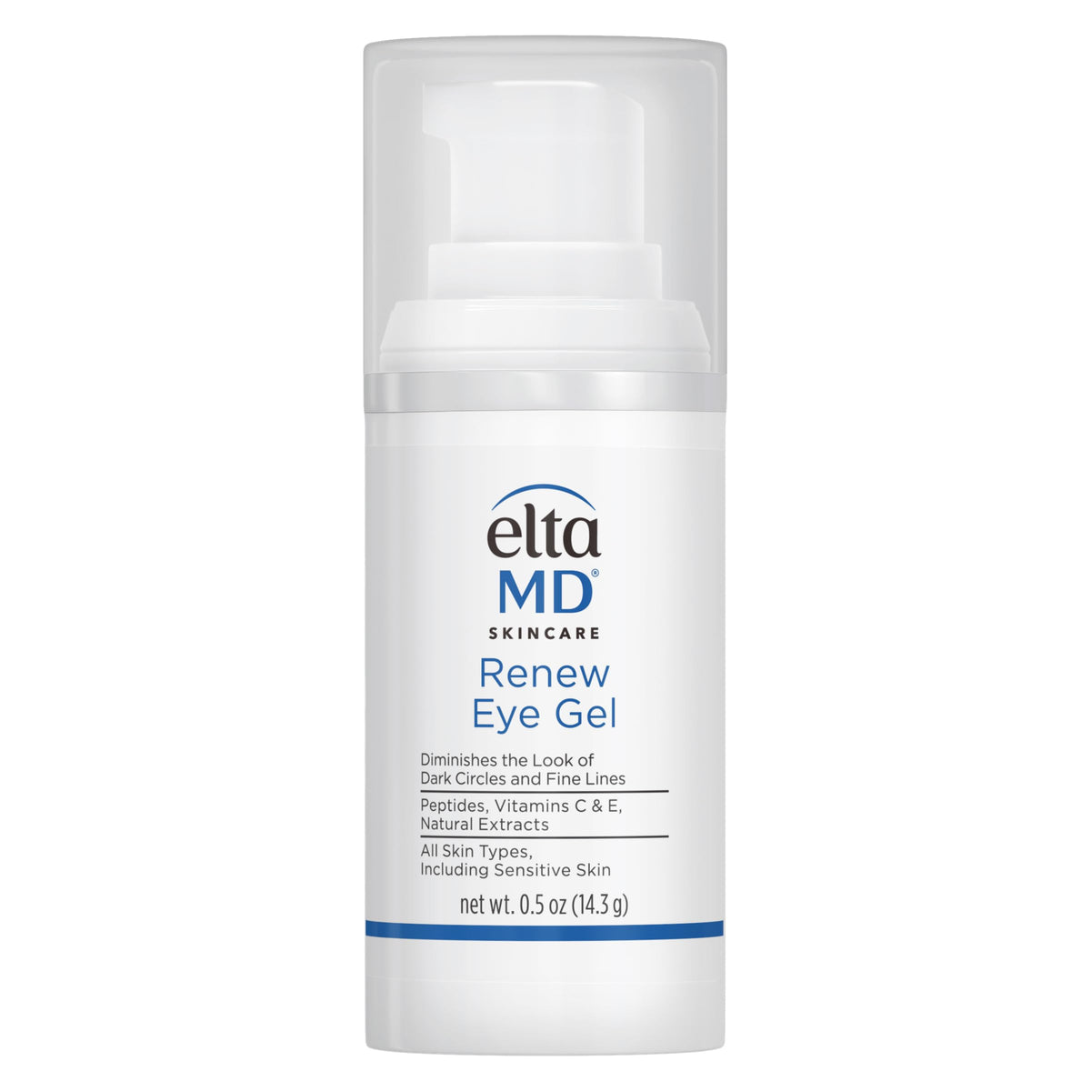 EltaMD Renew Eye Gel front packaging showing pump bottle, brightens under eyes