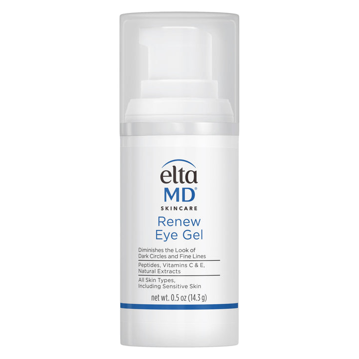 EltaMD Renew Eye Gel front packaging showing pump bottle, brightens under eyes