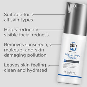 EltaMD bottle beside ingredient list illustrating calming actives and transparency benefit