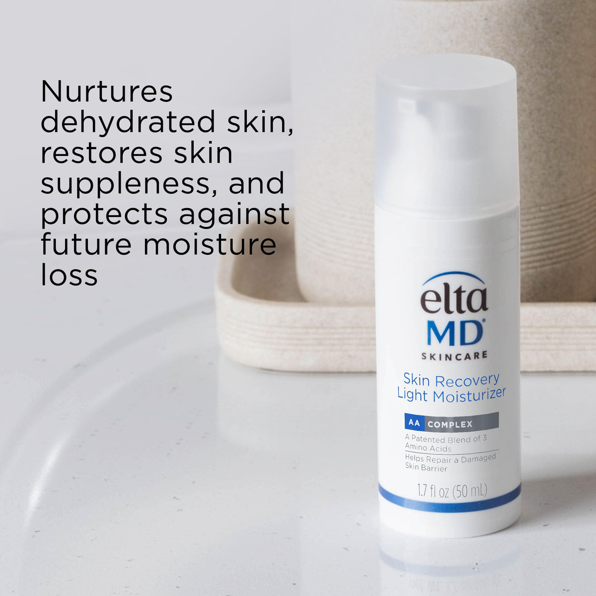 EltaMD moisturizer staged on bathroom counter for daily routine benefit
