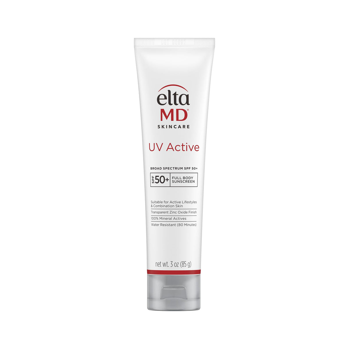 EltaMD front tube view showing SPF 50+ protection and travel size benefit