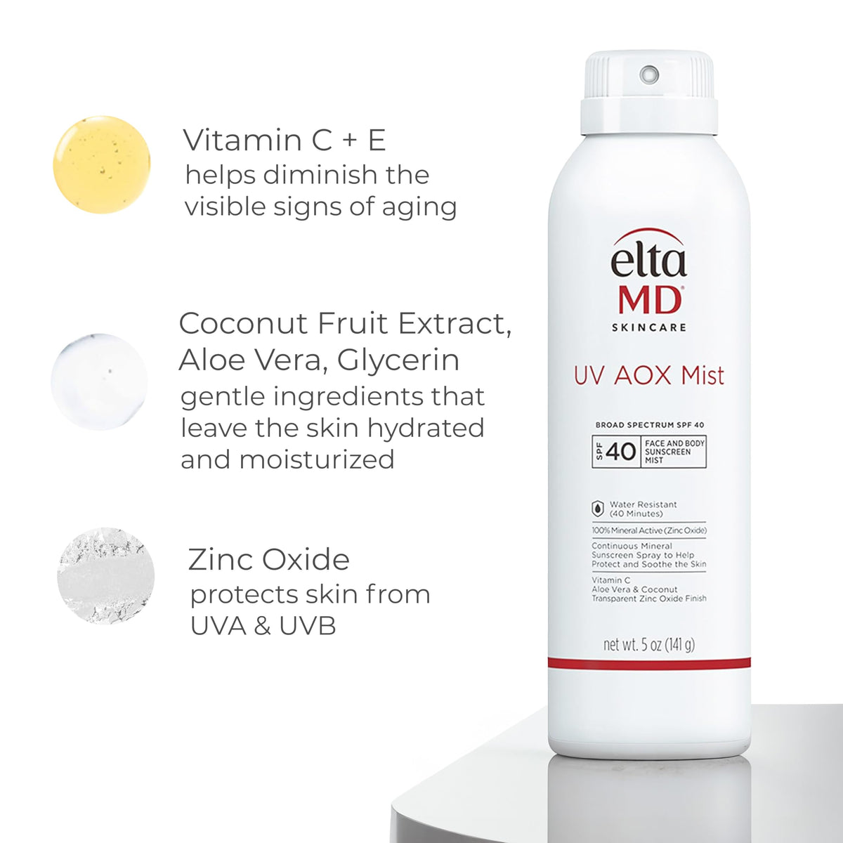 EltaMD ingredients label highlighting zinc oxide and antioxidants for protection