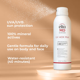 EltaMD mist spray close-up demonstrating even application for coverage