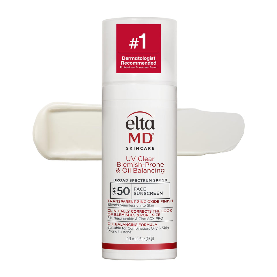 EltaMD UV Clear front packaging showing SPF 50 protection and benefits