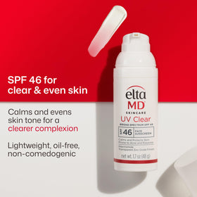 Hand holding EltaMD UV Clear pump illustrating travel-friendly portability benefit