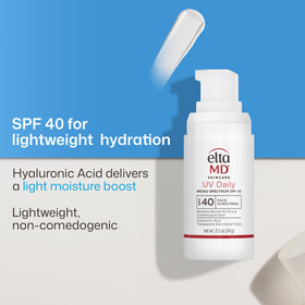 Label close-up on EltaMD UV Daily showing zinc oxide and hyaluronic acid ingredients