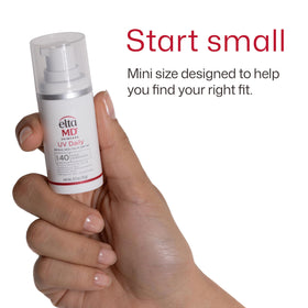 Hand holding EltaMD UV Daily 0.5 oz pump illustrating portable sun protection