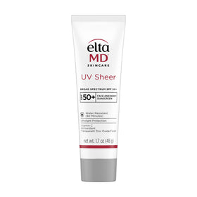 EltaMD UV Sheer front tube showing product branding and size, travel ready benefit