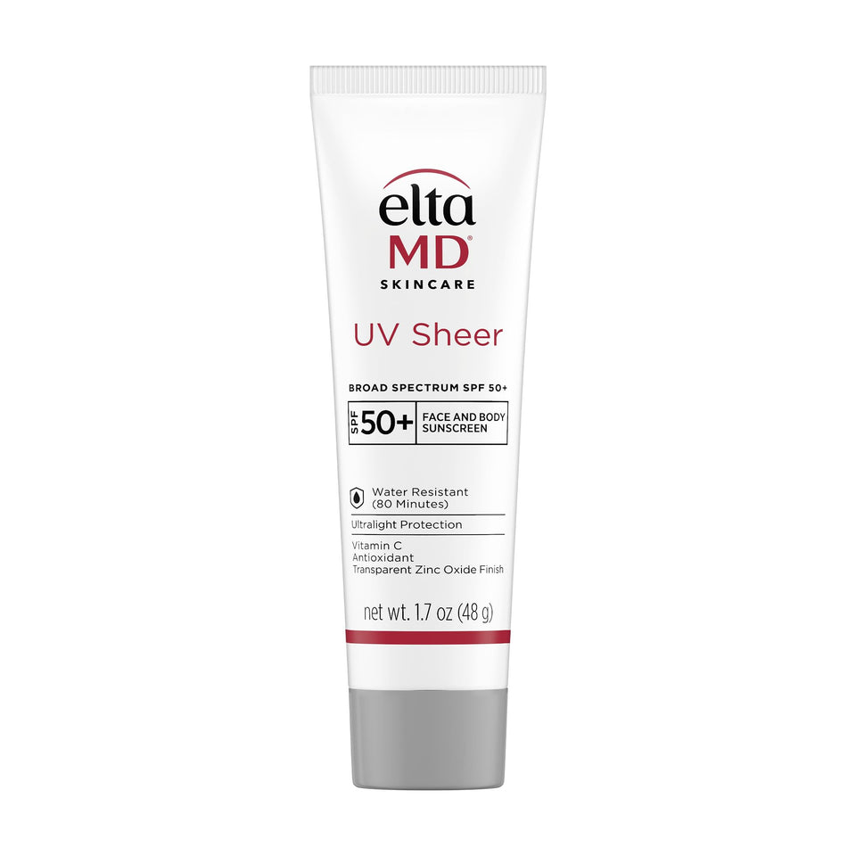 EltaMD UV Sheer front tube showing product branding and size, travel ready benefit