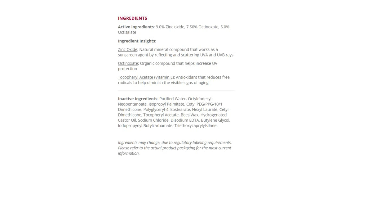 EltaMD closeup ingredient label highlighting zinc oxide for broad coverage