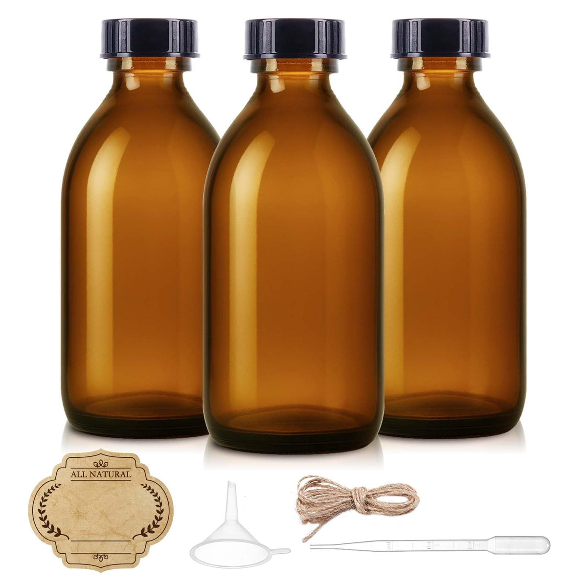 Elumeiro amber bottles front view showing three-pack and caps for secure storage
