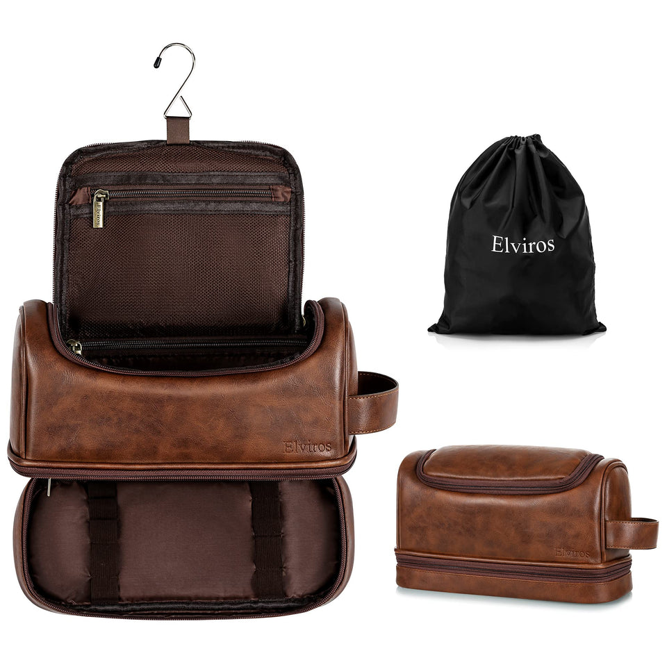 Elviros front view of dark brown toiletry bag showing sleek PU leather and secure zipper for travel