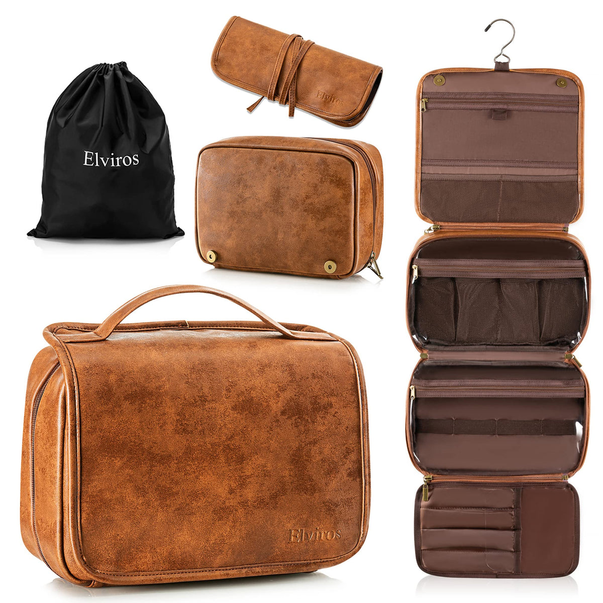 Elviros front view showing large PU leather dopp kit and neat organization benefit