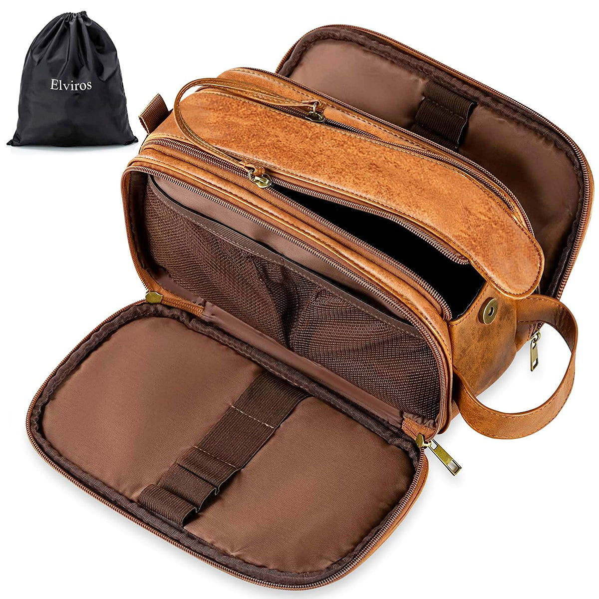 Elviros front view of medium brown dopp kit showing neat travel-ready design and style